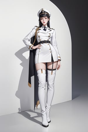 full body shot,warship,aethetic,extremely excellent composition,8k Ultra HD,extremely detailed eyes,deep eyes,elegant posture,white military officer hat,white military uniform,white package hip skirt,white thigh high boots,beautiful face,delicate facial features,visual appeal,