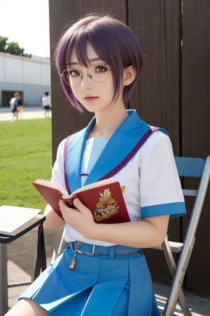 score_9, score_8_up, score_7_up, score_6_up, source_anime,best quality,ny1,nagatoyuki,nagato yuki\,(detailed eyes),realistic,visual appeal,cowboy shot,short hair,bangs,purple hair,glasses,brown eyes,blue sailor collar,white serafuku,red ribbon,blue skirt,(kita high school uniform),(comic con),beautiful female fingers,folding chair,sitting,book,book on lap,hand on book,outdoor,