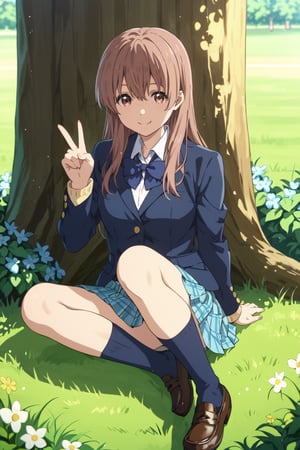 score_9, score_8_up, score_7_up, source_anime,(detailed eyes),nishimiya shouko\,shouko nishimiya\a silent voice\,1girl,cowboy shot,long hair,bangs,hair between eyes,brown hair,sitting,(wariza),brown eyes,blue bowtie,school uniform,(dark blue blazer),yellow cardigan,white shirt,long sleeves,pleated skirt,blue and white plaid pleated skirt,dark blue socks,brown loafers,smile,tree,flower,grass,V-sign,peace sign,
