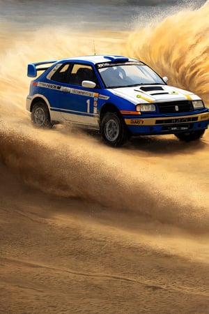 oil painting style,sandy land,white rally car,motion blur,sand dust,tire close-up,