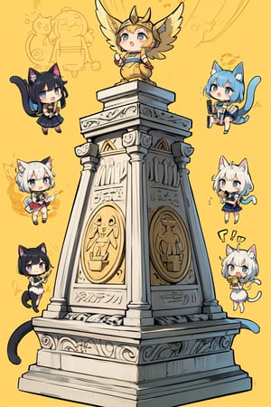 (detail processing: 1.2),egypt theme background,egyptian characteristics,egypt,desert,worn stone pedestal amidst ancient temple ruins,ancient temple ruins,blue and gold hieroglyphics,tuya,anime chibi style,chibi,master's masterpiece,high resolution,absurdres,clear,excellent composition,cats,cutes,(multiple cats: 1.2),detailed filling,