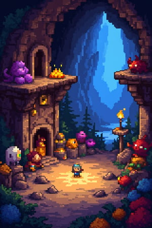 masterpiece,best quality,pixel game,dungeon,(potion),gold,game interface,chibi,(adventurer),multiple monsters,trap,torches,pixel art,detail processing,adding details and enhancing clarity,A whimsical landscape featuring a large,in the style of aziib_pixel,