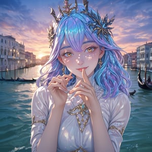 A stunning woman donning a majestic mask adorns the vibrant riverbank of Venice's Carnival festival in Italy. Soft pastel hues dance across her elegant features, as the mask's intricate details seem to shimmer in the twilight air. The city's storied canals glisten in the background, as the woman's enigmatic smile hints at secrets hidden beneath her mysterious visage.