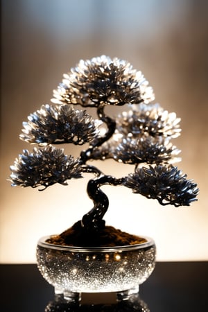 bonsai,branches and trunks made of glass,leaves made of silver(metal),transparent branches and trunks,metallic feel,metal reflective,silver,metal,silver metal,aethetic,8k Ultra HD,masterpiece,product view,specialty store,bokeh,