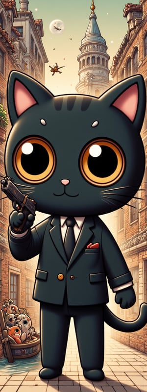 black cat,James Bond 007,black suit,white shirt,black tie,pistol,chibi,(cute),water city venice,