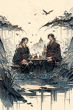 two people,two man,multiple man,(scenery:1.2),beautiful man,beautiful detailed face,extremely detailed eyes,extremely excellent composition,visual appeal,ink style,aethetic,8k Ultra HD,straw sandals,unrestrained,wild,unfettered,drinking buddy,flagon,cheers,laugh heartily,