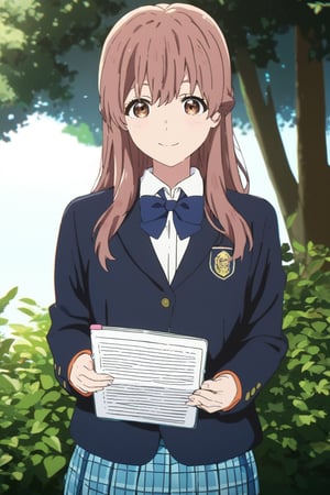 score_9, score_8_up, score_7_up, source_anime,(detailed eyes),shouko nishimiya,1girl,cowboy shot,long hair,bangs,brown hair,brown eyes,blue bowtie,blazer,blue and white plaid pleated skirt,smile,tree,holding notebook,open notebook,show notebook,(Notebook with text "thank you"),