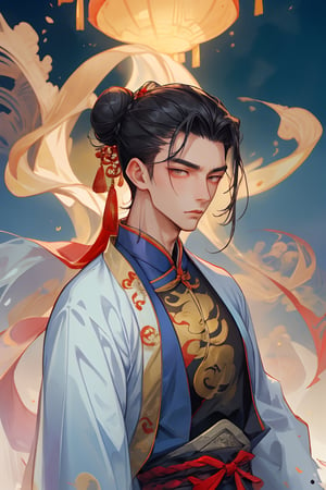 score_9,score_8_up,score_7_up, ,masterpiece,best quality,(aethetic),Lan Wangji\Lan Zhan\Grandmaster of Demonic Cultivation\,Mo DAO Zu Shi\,upper body,detailed eyes,yellow eyes,(slender eyes),(white headband with light blue accents),(mature and handsome man),35 years old,long hair,waist length hair,(long parted bangs),(hair slicked back),(updo),(single hair bun),(long straight hair),black hair,long sleeves,wide sleeves,cloud patterns,expressionless,chinese clothes,hanfu,white robe with light blue accents,light blue belt,elegant posture,(Chinese ancient style architecture,landscape)