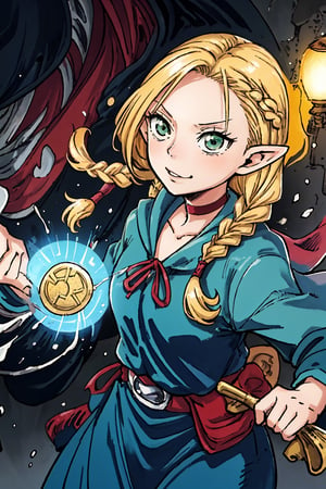 (masterpiece,excellent composition),4K,best quality,(far away shot),1girl,dungeon,marcille donato\donato marcille\(delicious in dungeon\),pointy ears,blonde hair,parted bangs,hair ribbon,green eyes,red choker,light blue capelet,ribbon,(dark blue dress,long dress),long sleeves,brown belt,belt pouch,sandals,(french braid twin braids),((visual appeal,art style by Mitsutoshi Shimabukuro + Eiichiro Oda + Ryoko Kui)),dynamic angle,dynamic pose,