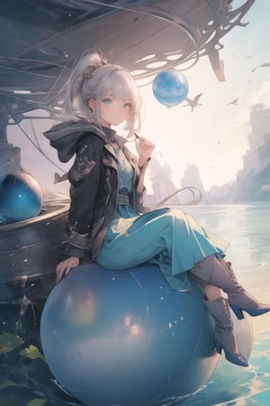 calm water scene,(masterpiece,4K,best quality,detailed eyes,detailed face),concept art,1girl,wariza,(a sphere flying in the air),half the size of the picture,full sphere,((with a girl sitting on it)),