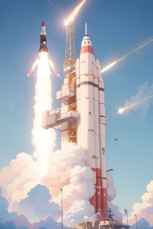 score_9,score_8_up,score_7_up, ,masterpiece,8k Ultra HD,(best quality),whimsy,fantasy,dreamlike,unconstrained style,ultra-detailed,more detail,perfect composition,visual appeal,(rocket takes off),smoke,progress,people looking up from a distance,metal tower,