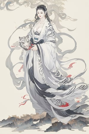 ((4k,masterpiece,best quality)),white,traditional chinese ink painting,1girl,((full body)),very long hair,hanfu,maxiskit,cleavage,(chiffon),original,visual appeal,dynamic pose,((fantastic scenery)),(((white tiger))),