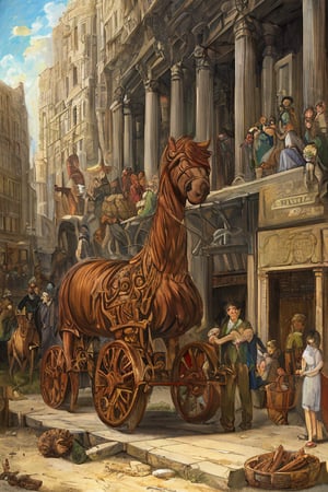 oil painting,giant wood alpaca,similar to trojan horse,wheel,Made of wood,city ​​wall,helen of troy,by Delacroix,