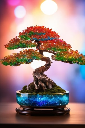 bonsai,branches and trunks made of crystal,leaves made of gem,transparent branches and trunks,gem,aethetic,8k Ultra HD,masterpiece,product view,specialty store,bokeh,colorful,