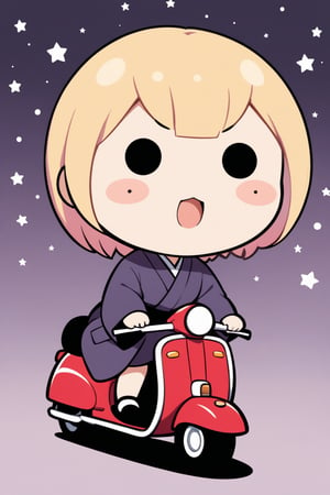 A road made of many stars,stars,road,1girl,(solid circle eyes: 1.5),(chibi: 1.4),kimono,extremely excellent composition,visual appeal,contour,funny face,huge head,cute,kawaii,motor vehicle,Kimono girl riding a scooter,purple gradient background,