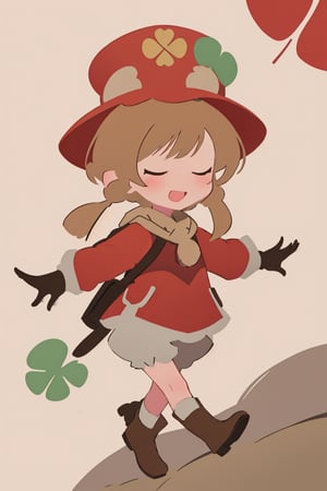 (anime minimalist),klee_genshin,masterpiece,little girl,brown scarf,clover print,hat feather,long sleeves,red coat,dress,bloomers,brown gloves,brown boots,randoseru,pocket,bag charm,from side,running,no facial features,open arms,