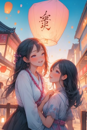 (masterpiece,best quality,4K),sky lantern,(2 girls),multiple people,visual appeal,expressiveh,volumetric light,east asian architecture,multiple sky lanterns,densely packed,laughter and joy,grinning,