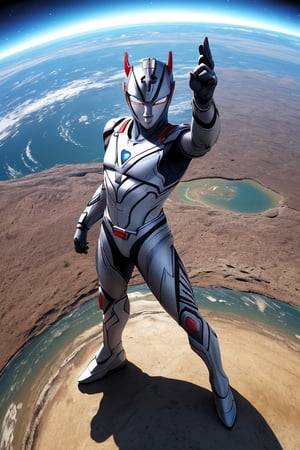 masterpiece,4K,best quality,(ultraman),(360 degrees photo to tiny planet),from above,detailed eyes,360picture,((little planet)),concept art,standing on the planet,(appearance pose),(hold one hand high),make a fist,round planet,