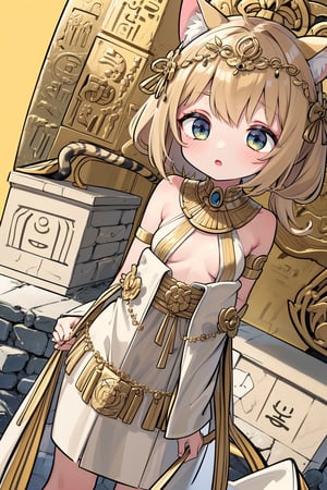 (detail processing: 1.2),egypt theme background,egyptian characteristics,egypt,desert,worn stone pedestal amidst ancient temple ruins,ancient temple ruins,blue and gold hieroglyphics,tuya,anime chibi style,chibi,master's masterpiece,high resolution,absurdres,clear,excellent composition,cats,cutes,multiple cats,detailed filling,