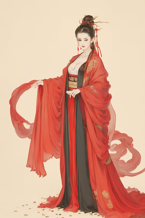 ((4k,masterpiece,best quality)),white,traditional chinese ink painting,1girl,((full body)),very long hair,hanfu,maxiskit,cleavage,((chiffon)),original,visual appeal,elegant posture,snow scene,((detailed filling)),