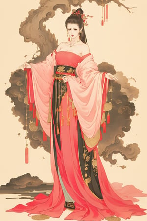 ((4k,masterpiece,best quality)),traditional chinese ink painting,1girl,(full body:1.3),very long hair,east asian architecture,slim,perfect body,glamour,hanfu,detailed eyes,original,(base color: pink),ancient dance,narrow skirt,cleavage,bare shoulders,strapless,elegant posture,