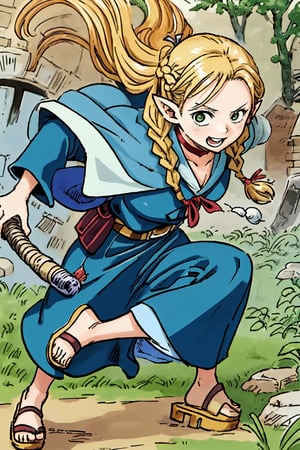 (masterpiece,excellent composition),4K,best quality,(full shot),1girl,dungeon,marcille donato\donato marcille\(delicious in dungeon\),pointy ears,blonde hair,parted bangs,hair ribbon,green eyes,red choker,light blue capelet,ribbon,(dark blue dress,long dress),long sleeves,brown belt,belt pouch,sandals,(french braid twin braids),((visual appeal,art style by Mitsutoshi Shimabukuro + Eiichiro Oda + Ryoko Kui)),dynamic angle,dynamic pose,