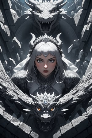 (bride,goddess),(Ancient ruins ),(Black and white entanglement),(silver and crystal entanglement),8k Ultra HD,masterpiece,intricate details,dragon head,dragon,dynamic pose,