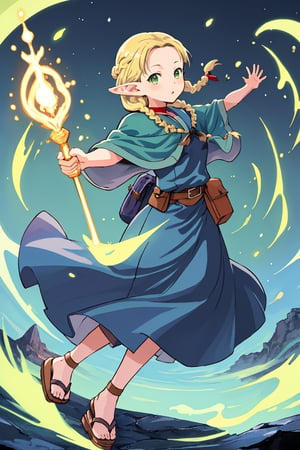 (masterpiece,excellent composition),4K,best quality,(far away shot),1girl,dungeon,marcille donato\donato marcille\(delicious in dungeon\),pointy ears,blonde hair,parted bangs,hair ribbon,green eyes,red choker,light blue capelet,ribbon,(dark blue dress,long dress),long sleeves,brown belt,belt pouch,sandals,(french braid twin braids),((visual appeal,art style by Mitsutoshi Shimabukuro + Ryoko Kui)),dynamic angle,dynamic pose,