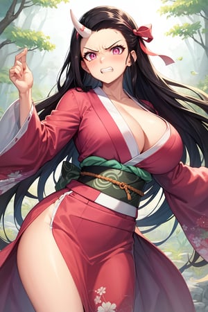 1girl,((huge muscle,muscular)),nezuko kamado,single horn,angry,fang,clenched teeth,black hair, forehead,hair ribbon, long hair, multicolored hair, pink eyes, orange hair, slit pupils, wavy hair, two-tone hair, asa no ha (pattern), checkered sash, haori, japanese clothes, kimono, long sleeves, obi, pink kimono, sash, wide sleeves,forest,dynamic angle,dynamic pose,extremely excellent composition,visual appeal,