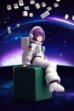 (1girl,little girl,girl focus),full body,kawaii,astronauts,(two giant mahjong),(with little girl sits on the giant mahjong tile),starry sky background,masterpiece,4K,best quality,fantasy,concept,(detailed eyes),meticulous,detail processing,((PVC Style)),space suit,spacesuit helmet,purple hair,purple eyes,(half open eyes),