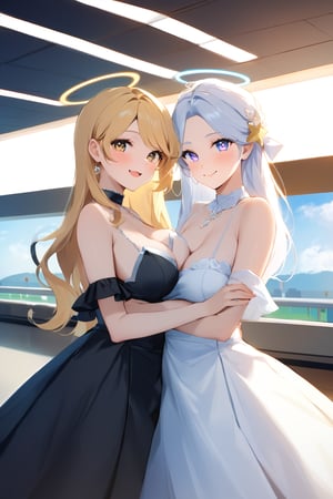 score_9, score_8_up, score_7_up, ,masterpiece,best quality,4K,group photo,(two girls,two people),((angel and devil)),same age,(cuddle),glamorous,gorgeous,beautiful,delicate facial features,detailed eyes,large breasts,smile,small mouth,airport,symmetrical docking,breast press.
A role : devil girl wearing ((black dress)),(little devil tail),white hair,long hair,long parted bangs\.
B role : angel girl wearing (white dress),halo,blond,bare shoulders\.