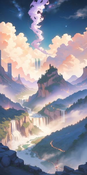 Purple smoke rises from the incense burner in the sunshine, and you can see the waterfall hanging on the Qianchuan River in the distance.
The stream flew straight down three thousand feet, and it was suspected that the Milky Way fell into the sky.
landscape,masterpiece,best quality,(visual appeal),(aethetic),