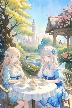 2 girls,two people,(gouache watercolor art,fairy tale illustrations),((ultra highly detailed)),(detailed filling,intricate image),(stunning image,complex background),scenery,butterflies,flowers,frilled dress,hair flower,architecture,glowing,jewelry,elf,tree,(fantasy,dreamlike),(detailed eyes),(beautiful,aesthetic),sky,(masterpiece,best quality),(excellent composition,visual appeal),(sitting),pavilion,garden,teapot,cup,dessert,table,chair,