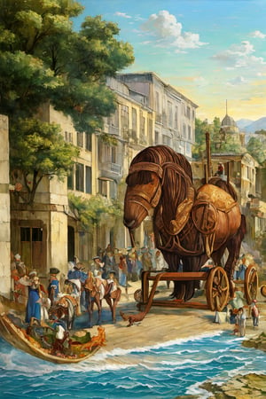 oil painting,parallel world,giant wood alpaca,similar to trojan horse,wheel,Made of wood,city ​​wall,helen of troy,by Delacroix,detail processing,war,