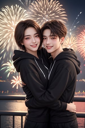 colorful,beautiful fingers,finger length,masterpiece,visual appeal,4K,best quality,1boy,two people,1girl,brown hair,short hair,(detailed eyes),(upper body),young,beautiful,couple,(hug,night,fireworks),hoodie,trousers,smile,brilliant colors,