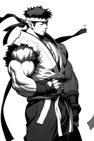 masterpiece,4K,best quality,ryu \(street fighter\),(from side,short hair),headband,dougi,sleeveless,(torn clothes),dojo pants,martial arts belt,fingerless gloves,muscular,(black background,glowing outlines,closed eyes,lineart,monochrome,white lines),