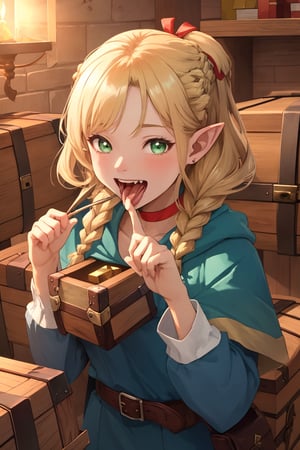 (masterpiece),4K,best quality,1girl,marcille donato\donato marcille\(delicious in dungeon\),pointy ears,blonde hair,parted bangs,hair ribbon,green eyes,red choker,light blue capelet,ribbon,dark blue dress,long sleeves,brown belt,belt pouch,sandals,(french braid twin braids),(good hands,finger length,trembling effect),((mimic,pointed teeth,treasure chest,being eaten)),dungeon,