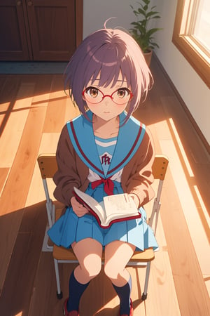 score_9, score_8_up, score_7_up, source_anime,best quality,highres,ny1,nagato yuki\,full body,from front,from above,solo,short hair,bangs,purple hair,brown eyes,glasses,blue sailor collar,serafuku,red ribbon,blue skirt,long sleeves,brown cardigan,open cardigan,kita high school uniform,indoors,folding chair,sitting,book,socks,uwabaki,look up,eyewear removed,holding eyewear,alien,