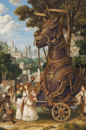 oil painting,parallel world,giant wood alpaca,similar to trojan horse,wheel,Made of wood,city ​​wall,helen of troy,by Delacroix,detail processing,