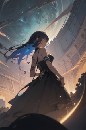 from below,detailed background,masterpiece,best quality,an extremely delicate and beautiful,colorful,absurdres,extremely detailed CG,Amazing,wallpaper,anime,depth of field,long Shot,at midnight,glow,dreamy background,landscape,outdoor,