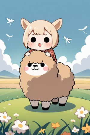 1girl,(solid circle eyes: 1.5),(chibi: 1.4),pajamas,extremely excellent composition,visual appeal,contour,funny face,huge head,cute,kawaii,alpaca,pajamas girl riding an alpaca,grassland,cloud,dragonflies,