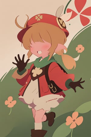 (anime minimalist),klee_genshin,masterpiece,little girl,brown scarf,clover print,hat feather,long sleeves,red coat,dress,bloomers,brown gloves,brown boots,randoseru,pocket,bag charm,from side,running,no facial features,open arms,