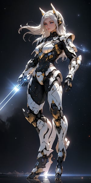 armor full power,(extremely detailed eyes: 1.4),(full body: 1.2),tech,imperial,perfect hands,detailed fingers,intricate details,extremely excellent composition,visual appeal,beautiful detailed glow,sparkling,metal reflective,glowing,(dynamic pose: 1.4),perfect body,future technology beam weapon,beam weapon,universe,levitating laser cannon,blue theme,starry sky,