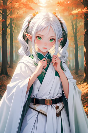 (masterpiece,best quality),((aesthetic,visual appeal)),(autumn,forest),(detailed eyes,green eyes),(petite,cute),((light particles,play of shadow and light)),(white cloak,white robe,belt),(long hair to waist,twintails,white hair),(Elf,beautiful female fingers),((adjusting hair)),pointy ears,