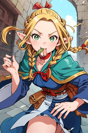 (masterpiece,excellent composition),4K,best quality,1girl,dungeon,marcille donato\donato marcille\(delicious in dungeon\),pointy ears,blonde hair,parted bangs,hair ribbon,green eyes,red choker,light blue capelet,ribbon,(dark blue dress,long dress),long sleeves,brown belt,belt pouch,sandals,(french braid twin braids),((visual appeal,art style by Mitsutoshi Shimabukuro + Eiichiro Oda + Ryoko Kui)),dynamic angle,dynamic pose,eating,sumptuous food,