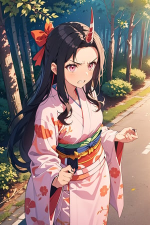 1girl,(huge muscle,muscular),nezuko kamado,single horn,angry,fang,clenched teeth,black hair, forehead,hair ribbon, long hair, multicolored hair, pink eyes, orange hair, slit pupils, wavy hair, two-tone hair, asa no ha (pattern), checkered sash, haori, japanese clothes, kimono, long sleeves, obi, pink kimono, sash, wide sleeves,forest,dynamic angle,dynamic pose,extremely excellent composition,visual appeal,pointed nails,