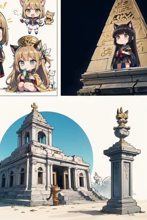 (detail processing: 1.2),egypt theme background,egyptian characteristics,egypt,desert,worn stone pedestal amidst ancient temple ruins,ancient temple ruins,blue and gold hieroglyphics,tuya,anime chibi style,chibi,master's masterpiece,high resolution,absurdres,clear,excellent composition,cats,cutes,(multiple cats: 1.2),detailed filling,loli