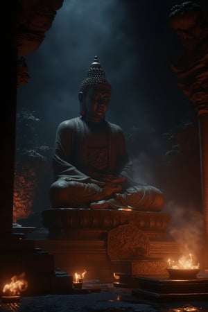 dark night,giant Buddha in the palace hall and a Buddhist lamp,the only light source comes from this Buddhist lamp,lotus hoodless oil lamp,ct-identityV2,