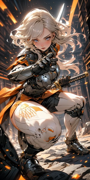 armor full power,(extremely detailed eyes: 1.4),battlefield,(thigh shot: 1.2),tech,imperial,perfect hands,detailed fingers,intricate details,extremely excellent composition,visual appeal,beautiful detailed glow,sparkling,metal reflective,glowing,dynamic angle,(dynamic pose: 1.4),battoujutsu,sword,sheath,spread legs on one knee stance,from diagonally forward,colorful,