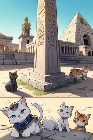 (detail processing: 1.2),egypt theme background,egyptian characteristics,egypt,desert,worn stone pedestal amidst ancient temple ruins,ancient temple ruins,blue and gold hieroglyphics,tuya,anime chibi style,chibi,master's masterpiece,high resolution,absurdres,clear,excellent composition,cats,cutes,multiple cats,detailed filling,